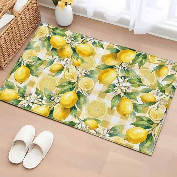 Yellow Lemons Entryway Rug 2'x3' Non Slip Front Door Mats, Summer Botanical Checkered Pastoral Entrance Rugs Indoor Outdoor Carpet, Washable Floor Mats Small Area Rug for Bedroom Kitchen