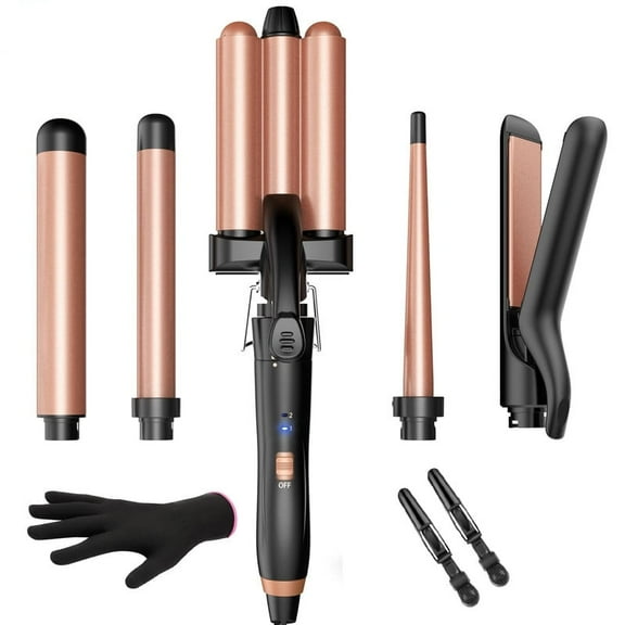 5 in 1 Wand Curling Iron, Curling Wand Set with Interchangeable Ceramic Barrels (0.35"-1.25"), Set with Flat Iron Hair Straightener, Fast Heating, Dual Voltage Hair Curler, Black