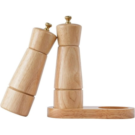 DeroTeno Salt and Pepper Mill Set with Tray, Adjustable Ceramic Grinder Salt Mill, Stainless Steel Grinder Pepper Mill, Rubber Wood, 16.5 cm/ 6 inch Height, Bottom Dia 5 cm