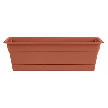 Bloem Dura Cotta Window Box Planter W/Tray 36 x 5.75 Plastic Rectangle Terracotta DURA COTTA COLLECTION by Bloem: The Bloem Dura Cotta Rectangular Window Box Planter provides your plants with a healthy environment. Made with plastic  its construction enables long lasting utility. You can use this widow box in your garden to plant herbs  tomatoes  onions or peppers. The Dura Cotta Rectangular Window Box Planter by Bloem is rectangular in shape and allows excessive water to drain. Includes attached drainage tray. It is from the Dura Cotta collection and keeps your plants fresh. This window box is designed for maximum usage and is perfect for outdoor spaces. Color Brown Shape Rectangle Material Plastic Resin. High-Density Polyethylene (HDPE) #2 & Polypropylene (PP) #5.