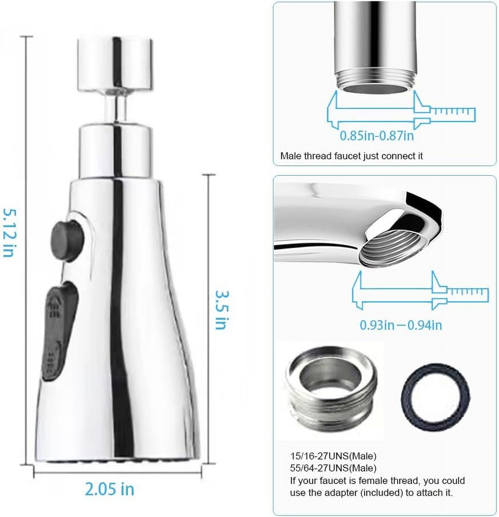360° Rotating Faucet Aerator, Three-Function Kitchen Sink Sprayer Attachment – Standard 55/64'' Female Thread, Easy-Install Replacement Part（Adapter Included）