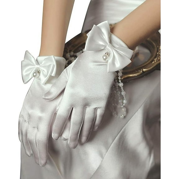 Women Bridal Wedding Gloves, Satin Short Opera Gloves, Pearl Wrist Banquet Dress Gloves, Fancy Party Floral Gloves