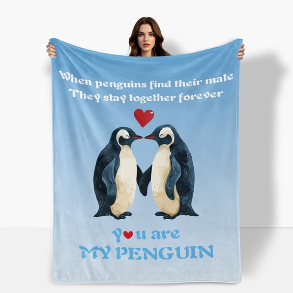 Heartwarming Love Flannel Blanket For Couples Together Forever Gift In Blue With Penguin Design Ideal For Sofa Bed Travel Camping Polyester Present For Family Friends Shipped From USA