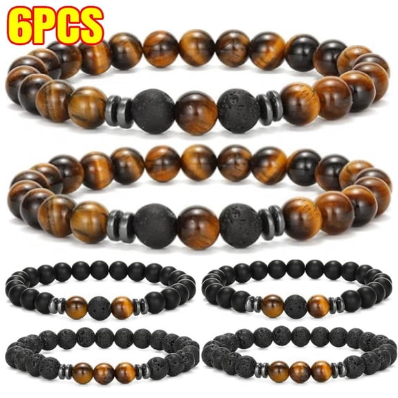 6PCS Men's Beaded Bracelets Couples Matching Bracelet Set Lava Rock Beads for Women Stone Jewelry