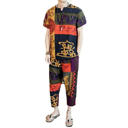Vintage Mens 2 Pieces Retro Short Sleeve Ethnic Style Printed Suit
