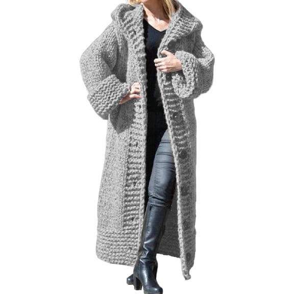 Women Hooded Open Front Cardigan Cable Knit Sweaters Winter Solid Color Chunky Button Long Sweater Coats Light Gray XXXL