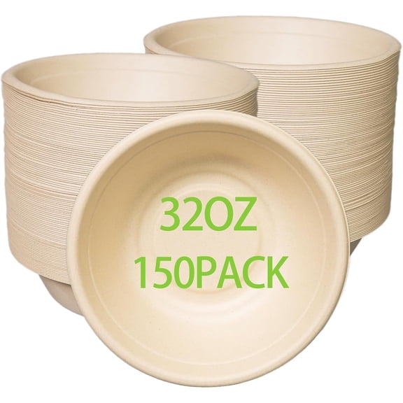 32oz Disposable Salad Bowls 150Pack, Big Paper Bowls, Large, Heavy-Duty, Eco-Friendly, Bulk Pack, Compostable Bowls, Biodegradable Made of Sugar Cane Fibers,Perfect For Salad