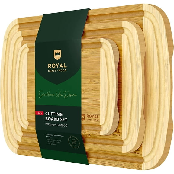 Royal Craft Wood Bamboo Cutting Board Set of 3 – Wooden Cutting Boards for Kitchen, Large Cutting Board Set of Wood Cutting Boards for Kitchen, Food Prep for Meat, Cheese & and Vegetables