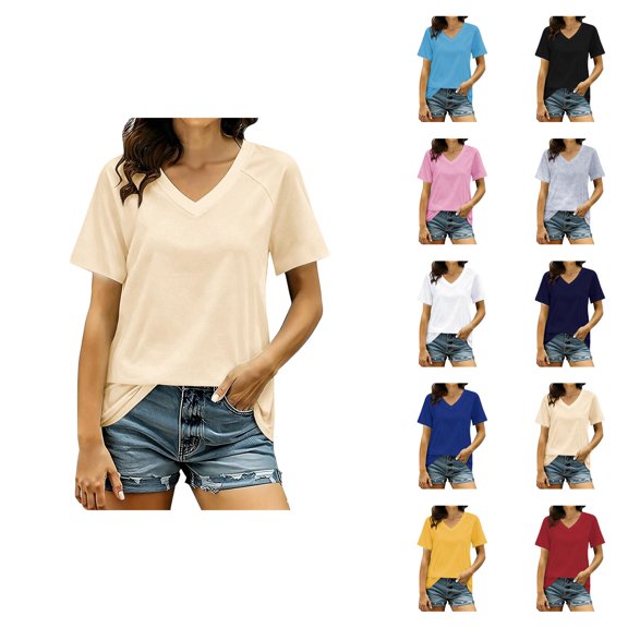 Plain T Shirts for Women Summer Short Sleeve V Neck Casual Loose Tshirts Lightweight Breathable Basic Tees