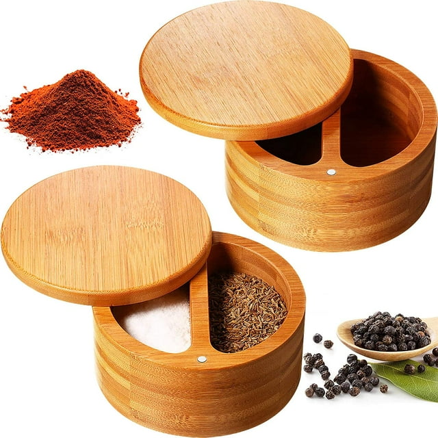 2 Pieces Bamboo Salt and Spice Storage Box with Magnetic Swivel Lid Round Bamboo Pepper Box Bamboo Salt Keeper Kitchen Bamboo Salt Container for Salt Pepper (2 Storage Compartments,4.7 x 2.4 Inch)