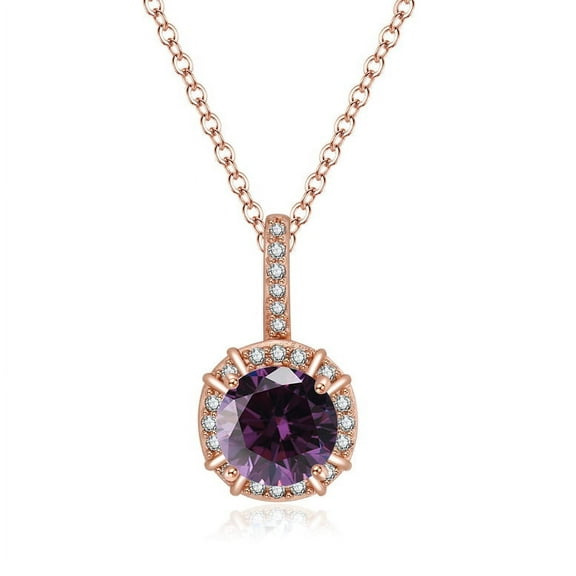 Bonjour Jewelers 18K Rose Gold 1ct Halo Amethyst Round 18 Inch Necklace Plated