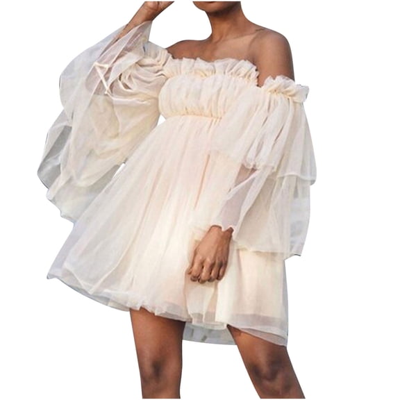 Sinpiling Off the Shoulder Dresses for Women Strapless Ruffle Puffed Sleeve Pleated Empire Waisted Peplum Solid Casual Loose Cute Layered Tulle Mini Dress Christmas Gifts