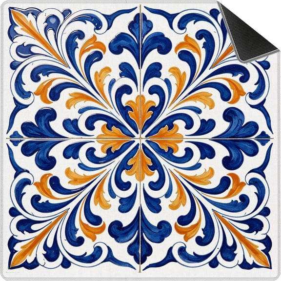 Mediterranean Orange and Blue Mahjong Mat 31.5 x 31.5 in, Vintage Tile Mahjong Mat for Table, Non-Slip Noise Reduction Game Table Cover for Card Poker Dominoes Dice and Board Games
