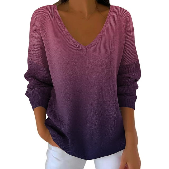 Hauts Décontractés pour Femmes, Haut Décontracté à Coupe Régulière Dégradé Imprimé Col en V Manches Longues Ample et Polyvalent, Hauts Floraux pour Femmes
