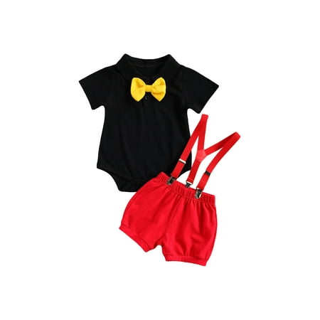 

One opening Boy’s Clothes Set Short Sleeve Bow Tie Romper Suspenders Shorts