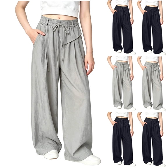 Ashirexll Girls Pants Solid Color Drawstring Elastic Waist Cargo Wide Leg Pants with Pockets Lightweight Quick Dry for 5-14 Years