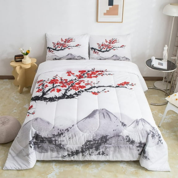 Japanese-Style Comforter Set Red Cherry Blossoms Printed Down Comforter,Adult Women Mount Fuji Pattern Quilted Duvet Ink Painting Black White Stylish Simple Soft Breathable Duvet Insert, Queen