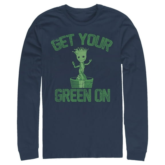 Men's Marvel St. Patrick's Day Get Your Groot On Long Sleeve Shirt Navy Blue Small