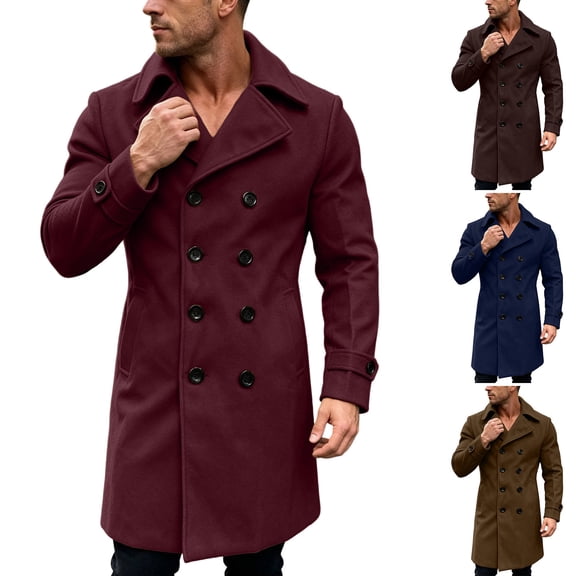 Mifsaly Mens Warm Trench Coats Mid Length Notched Lapel Pea Coat Double Breasted Fall Winter Going Out Business Casual Outfits with Pockets