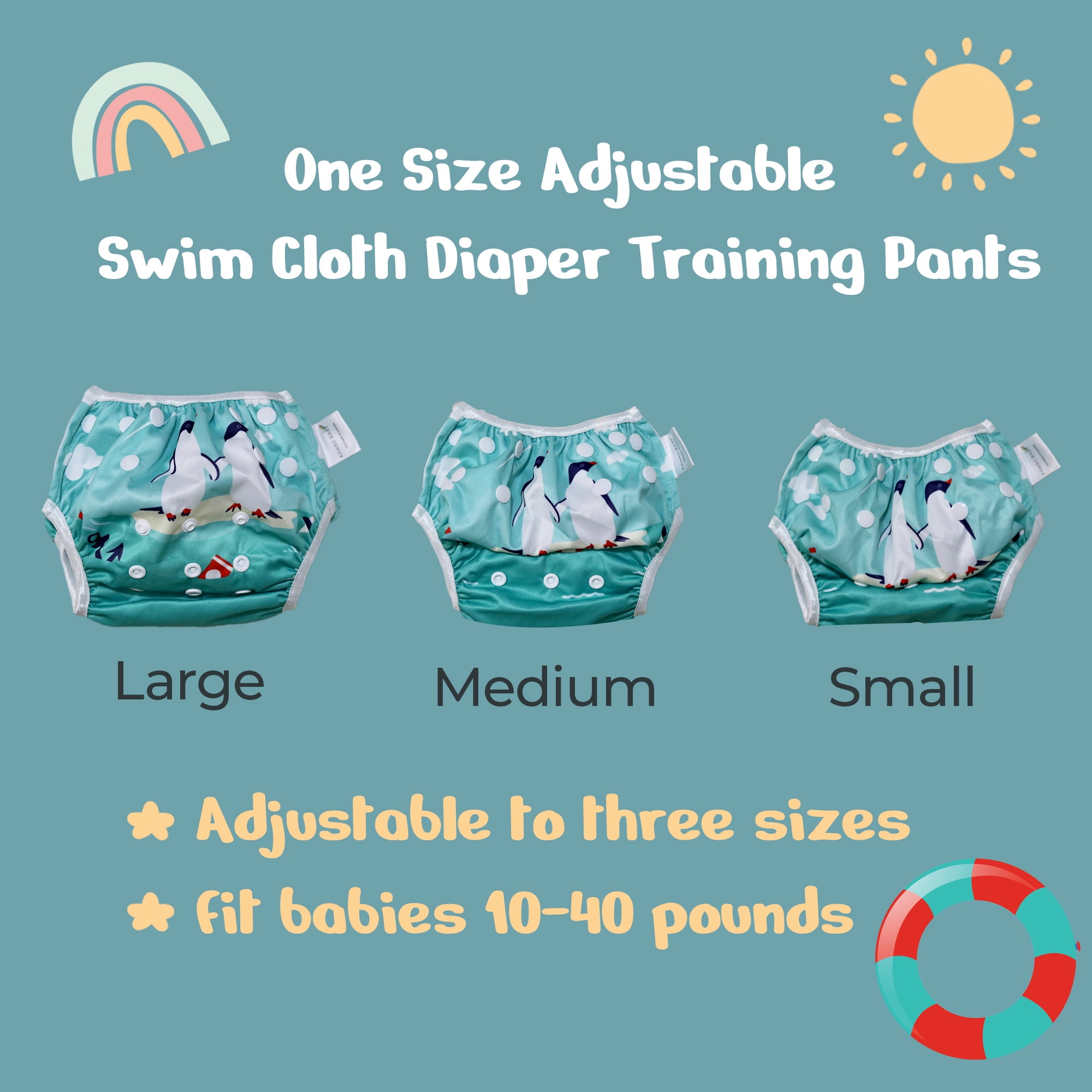 KaWaii Baby Swim Cloth Diaper - Washable Reusable, One Size  10-40 lbs, Unisex, 3-Pack