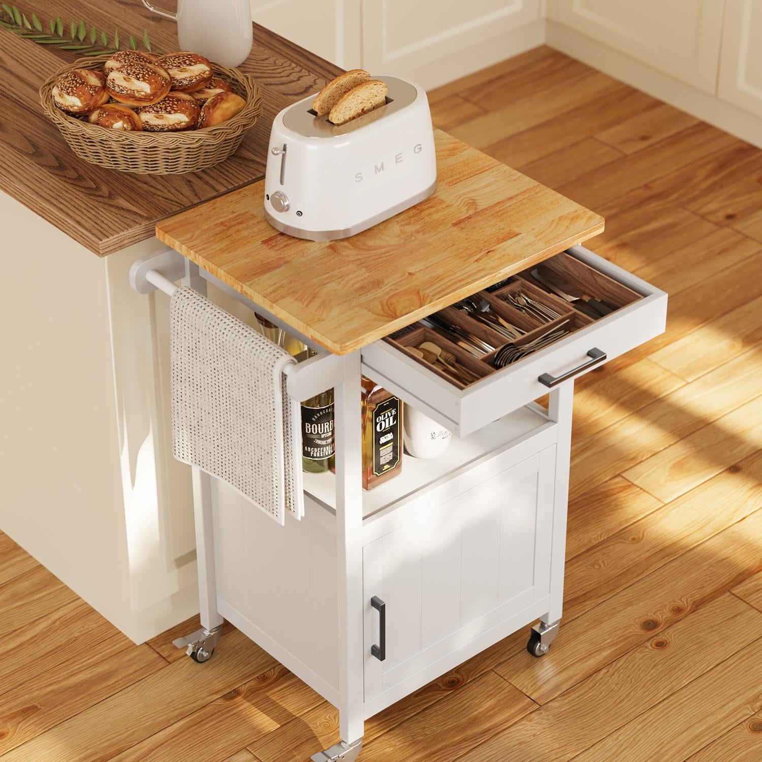 Asofer Rolling Kitchen Island Cart with Storage and Drawer, Small Coffee Cart, Microwave Stand on Wheels, White