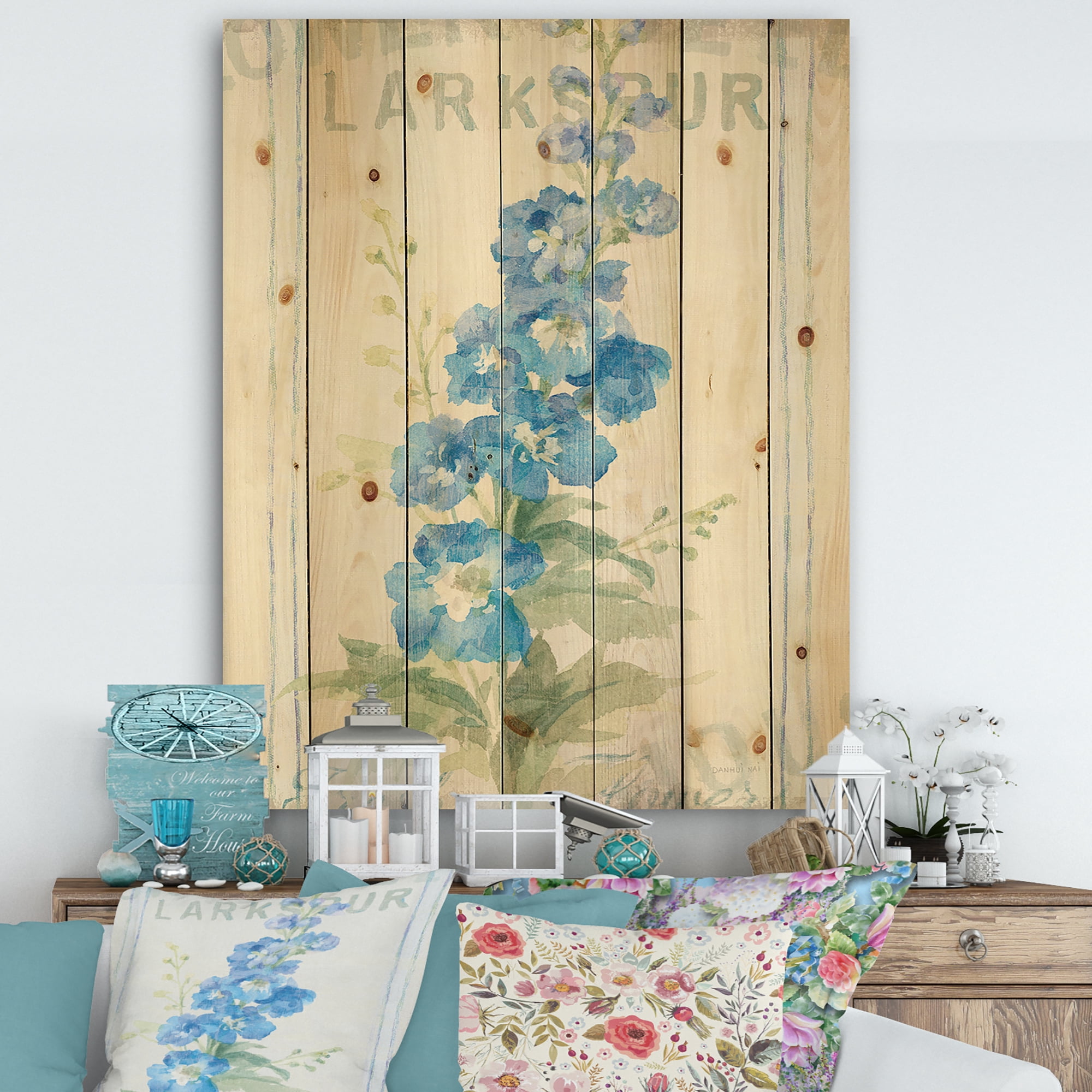 Designart 'Floursack Florals VII' Cottage Print on Natural Pine Wood