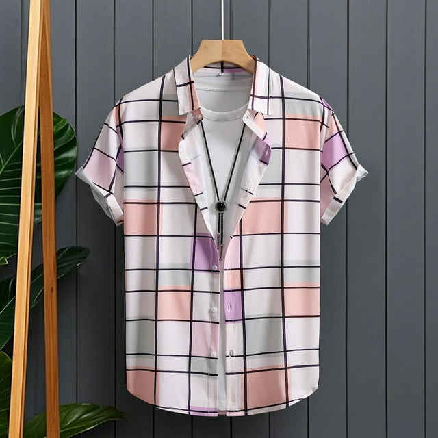 Blusa y camisa de manga corta con cuello vuelto para hombre, estilo casual, con botones, estampado playero, de manga corta, de poliéster
