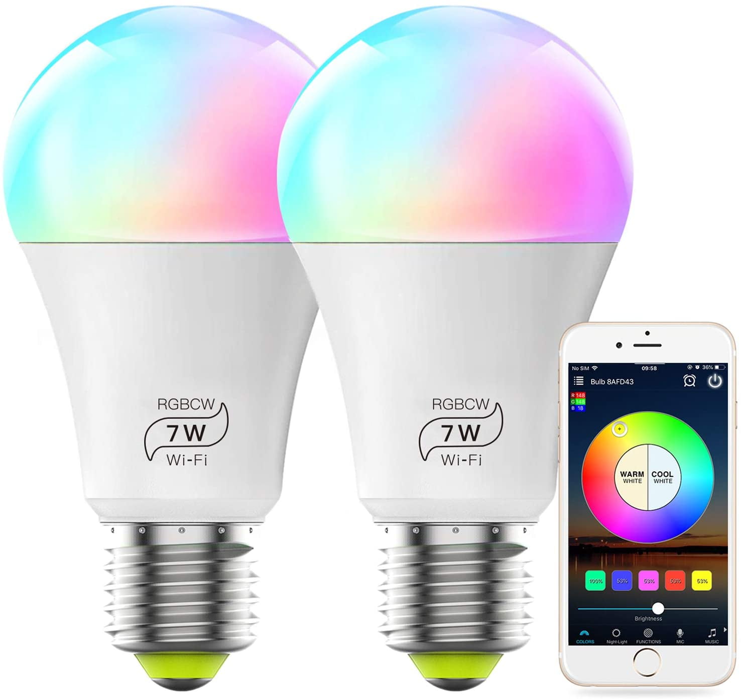 MagicLight Smart Light Bulb (No Hub Required), E26 A19 Equivalent) Multicolor Dimmable WiFi LED Bulb (1 -