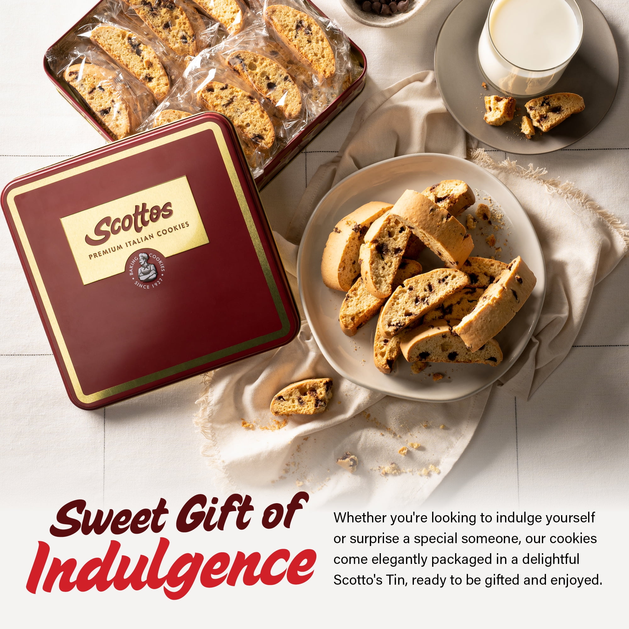 Scotto's Biscotti Italian Cookies Pack of 24 , Chocolate Chip Biscotti Individually Wrapped Ready to Eat Snack