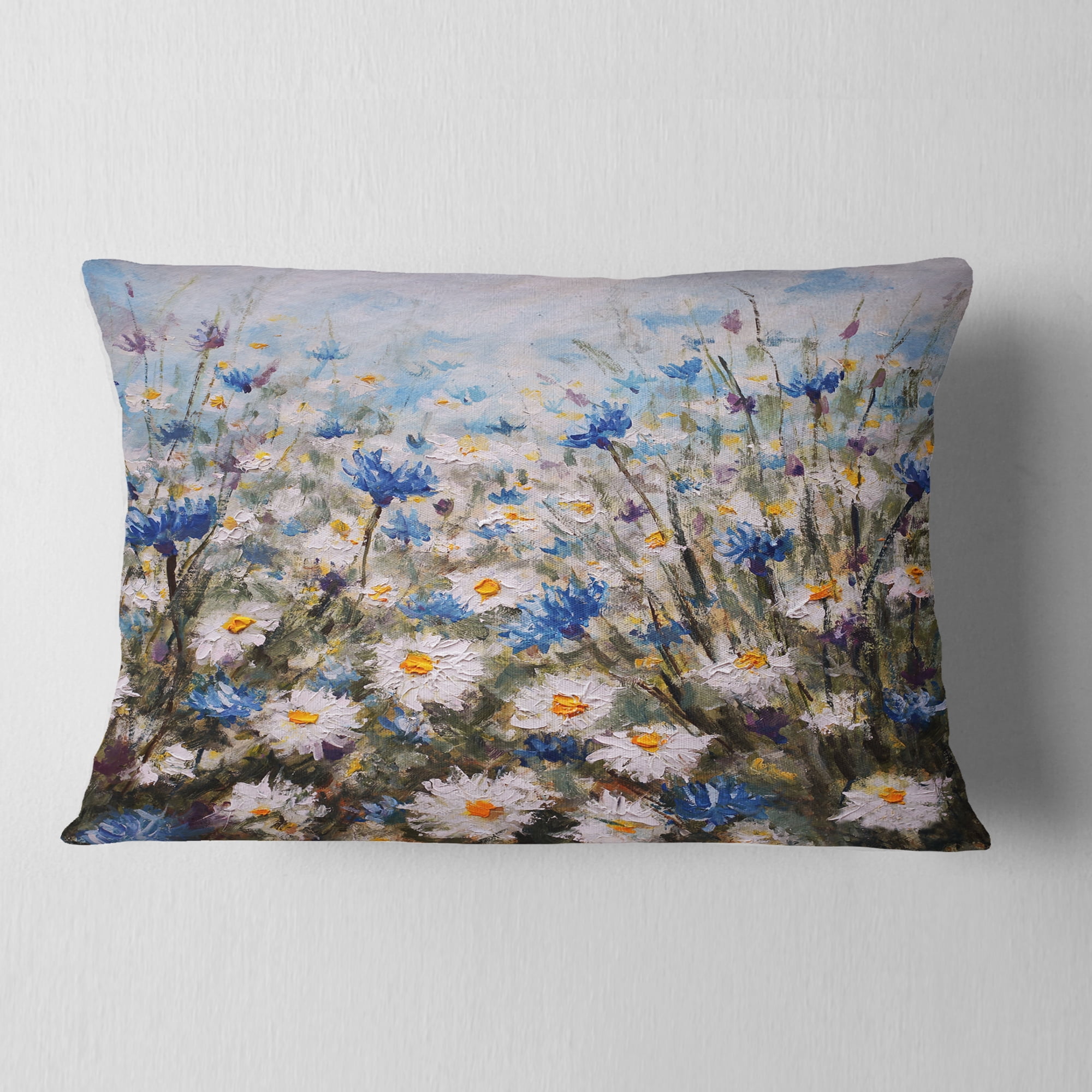 Designart Glade of Cornflowers and Daisies - Floral Throw Pillow - 12x20