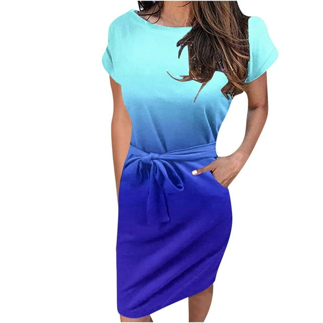 Robe d'Été Décontractée pour Femmes, Robe Dégradée à Taille Rétractable, Col Rond, Manches Courtes, Robe d'Été Aguichant en Liquidation