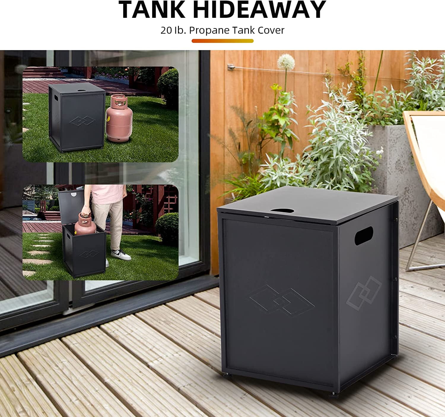 Lumiparty 16 in Propane Metal Tank Cover Table for Gas Fire Pits, Hides Any Standard 20 LB Propane Tanks, Hideaway Table with Side Handles, Black