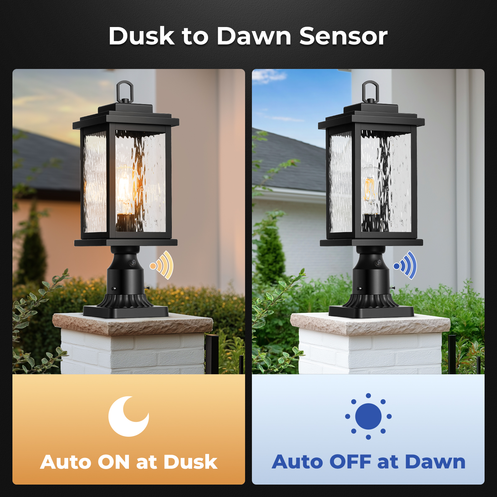 VIANIS Large Dusk to Dawn Outdoor Post Lights, Black Hardwired Waterproof Outdoor Lamp Post with Pier Mount Base, 3-inch Aluminum Outside Post Light with Tempered Glass for Garage, Garden