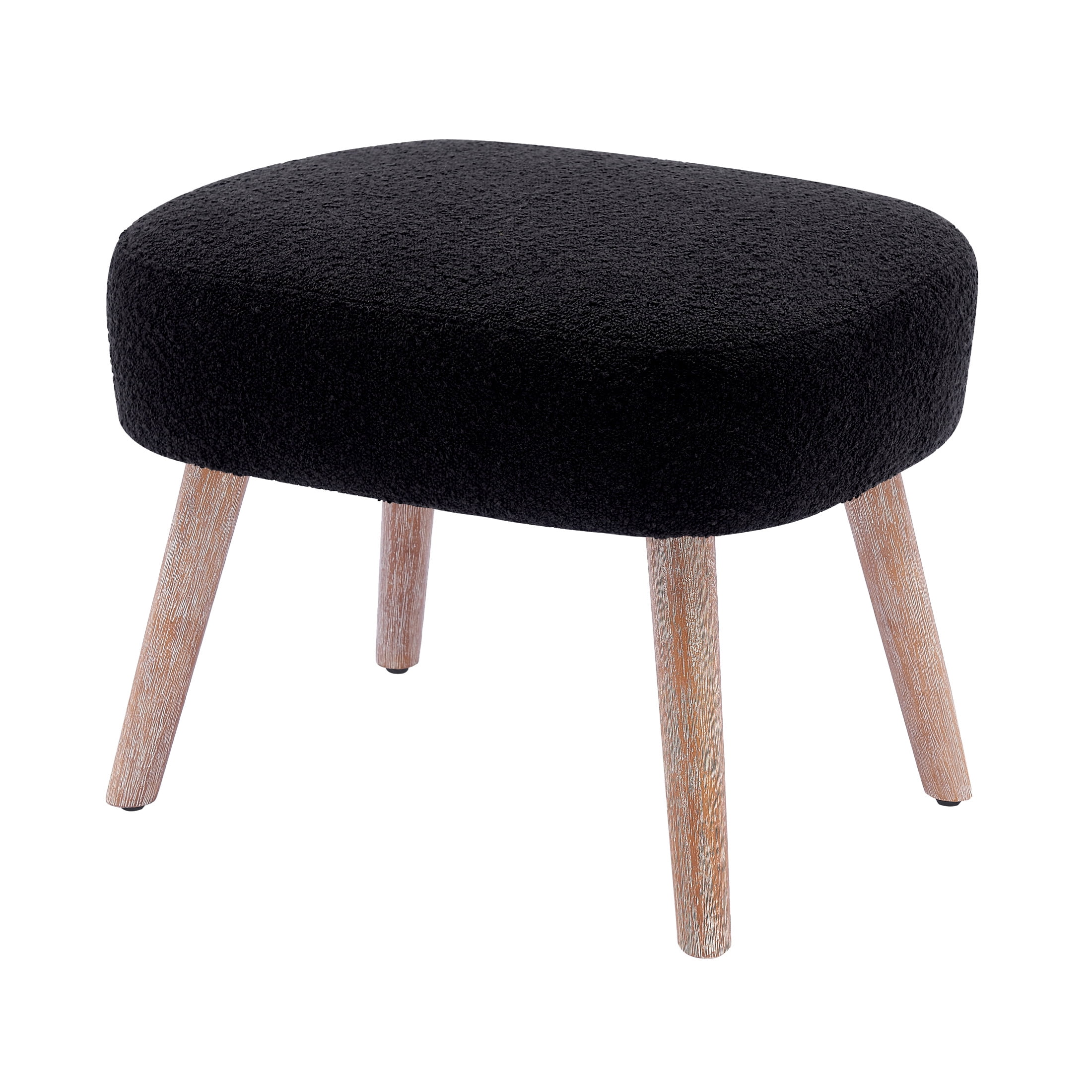 Mid-Century Modern 16.5" Tall Water and Stain Resistant Boucle Fabric Upholstered Ottoman with Wooden Legs, Black
