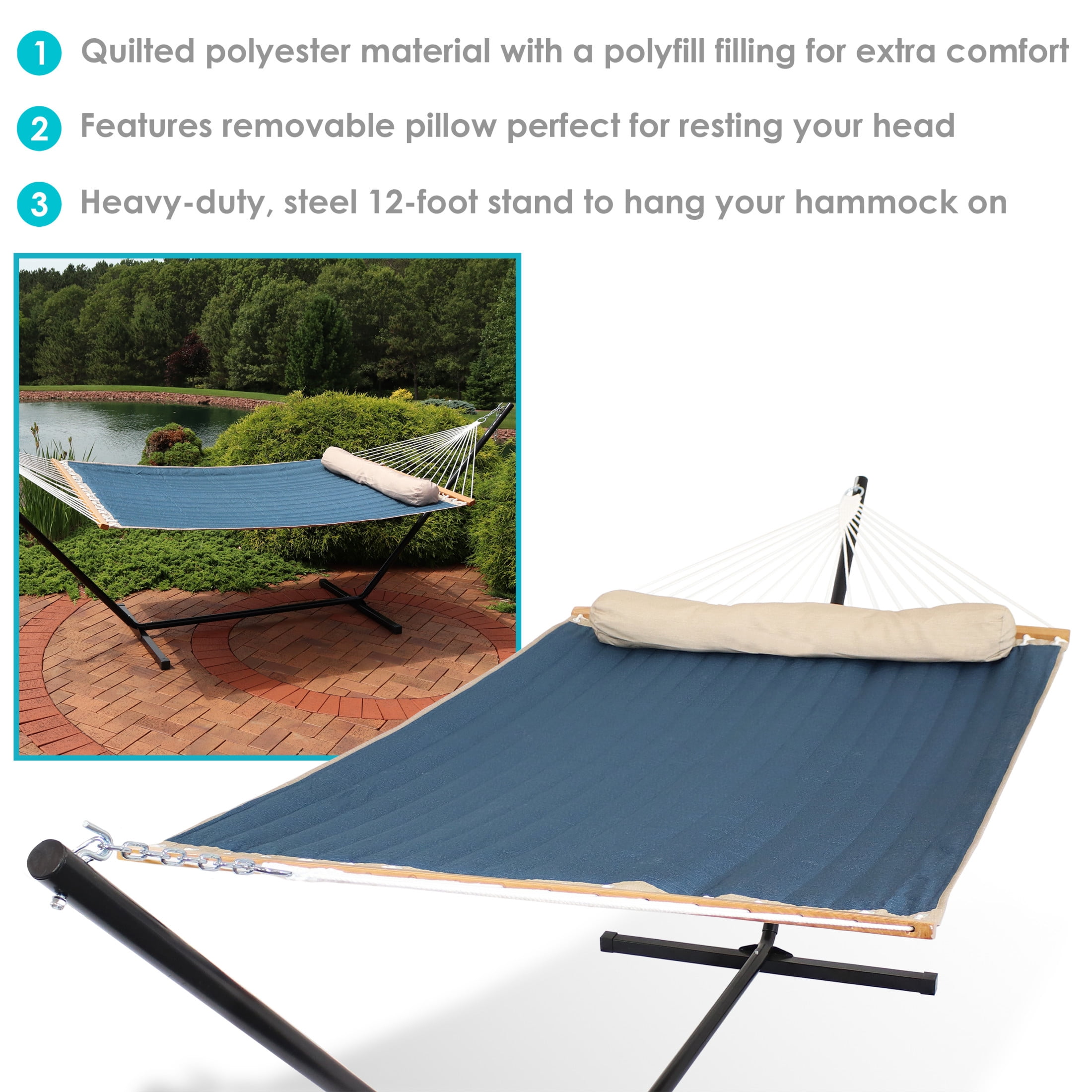 Sunnydaze 2-Person Quilted Polyester Spreader Bar Hammock with Stand, 350 lb Capacity - Tidal Wave
