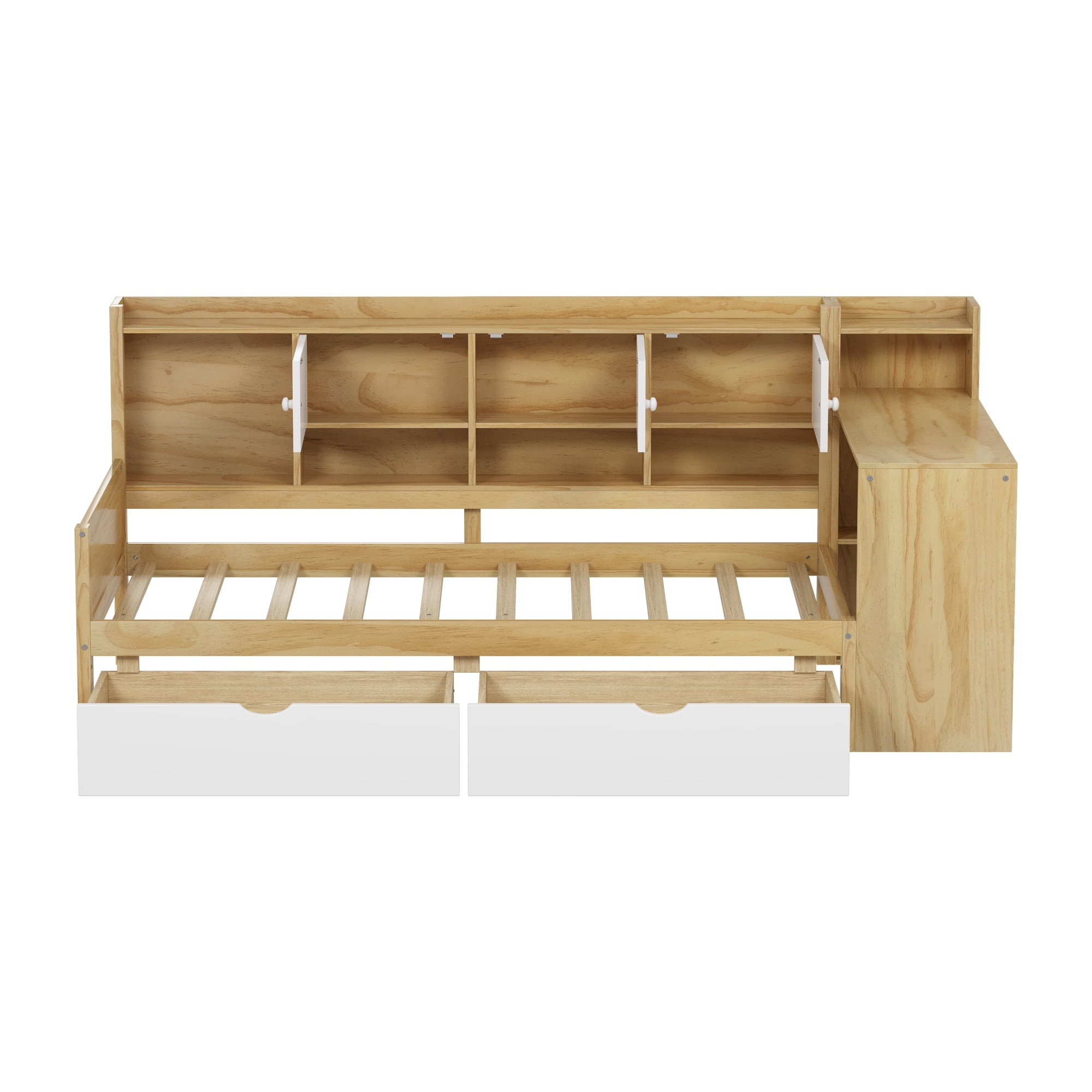 Leumius Wooden Twin Size Corner Bed Frame with Seven Storage Cabinets and Two Storage Drawers,Multi-functional Daybed with Study Desk and Built-in Bookshelf, Natural+White