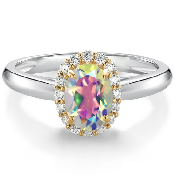 Gem Stone King 925 Sterling Silver and 10k Yellow Gold Mercury Mist Mystic Topaz and White Lab Grown Diamond Halo Engagement Ring for Women (1.13 Cttw, Gemstone, Oval 7X5MM, Size 5)
