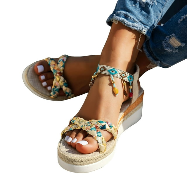 Sandales Compensées Espadrilles pour Femmes Ethniques Boho à Pampilles Plateforme à Talons Hauts Épais Chaussures d'Été de Plage et de Robe
