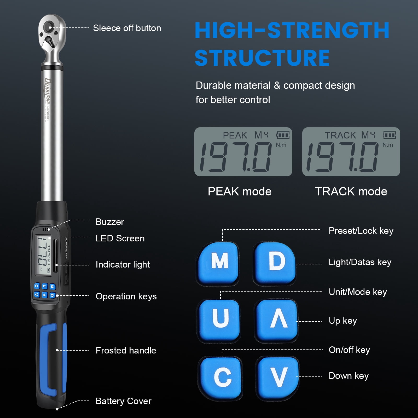 Digital Display Torque Wrench 1/2 inch 10-200NM with 5/16 inch,7/20 inch,3/8 inch,7/16 inch,16/32 inch Adapter