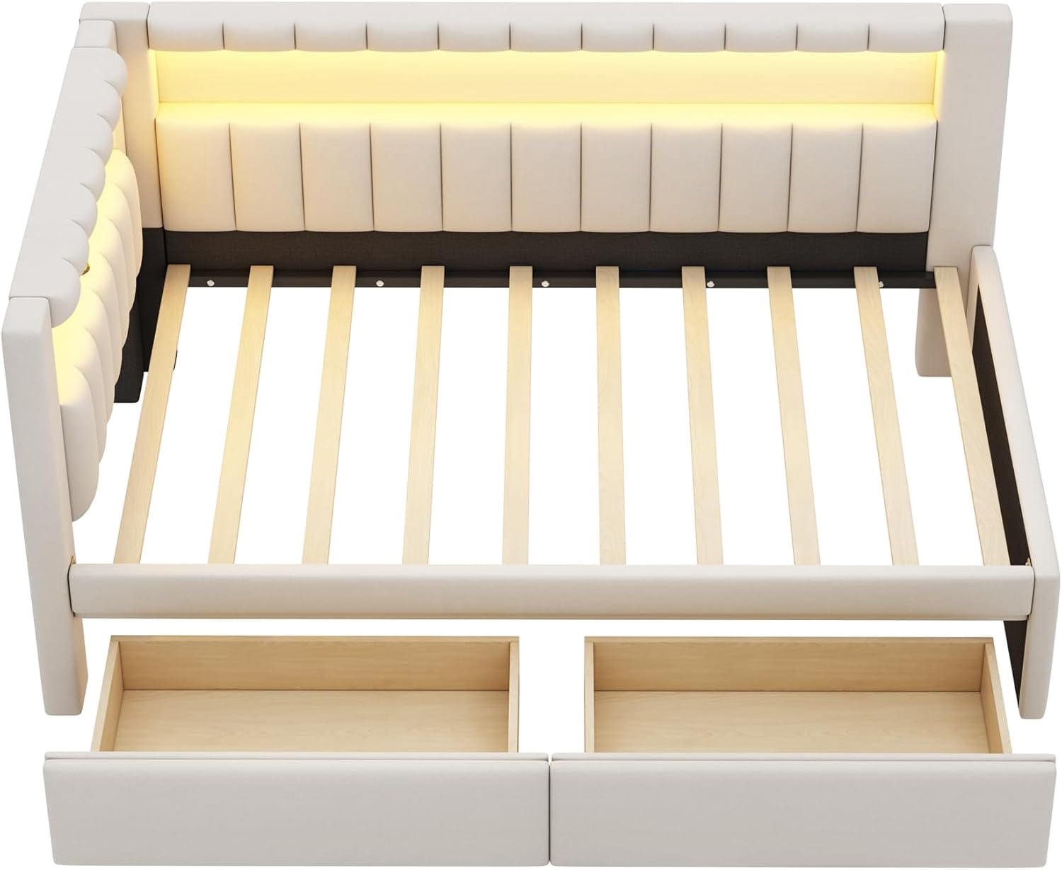 AISWORD Twin Size Daybed with Storage Drawers and L-Shaped Bookshelf Headboard, Upholstered Soft Corner Bed with Shelves, Charging Station and LED Belt, White