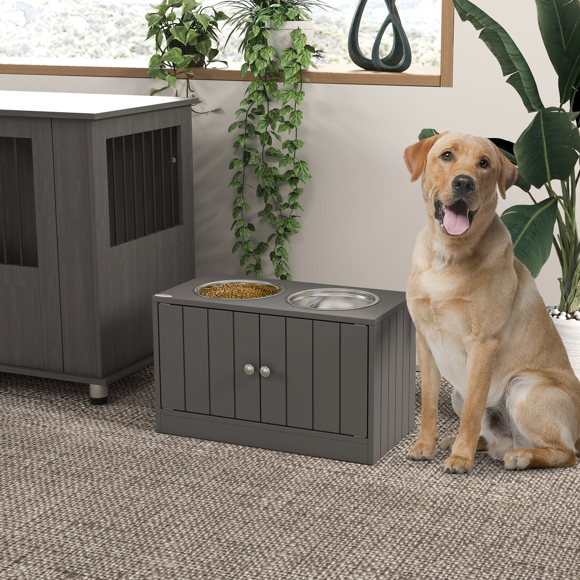 Dog Bed PawHut Large Elevated Dog Bowls with Storage Cabinet Containing Large 44L Capacity, Raised Dog Bowl Stand Pet Food Bowl Dog Feeding Station, Gray,Large Dog Bed