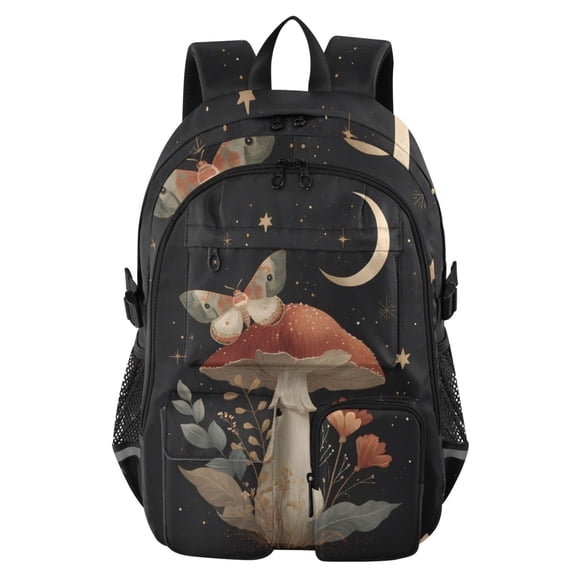 DIXRUYEE Mushroom Butterfly Leaves Moon Backpack for School 14”Laptop Compatible with Reflective Safety Strips