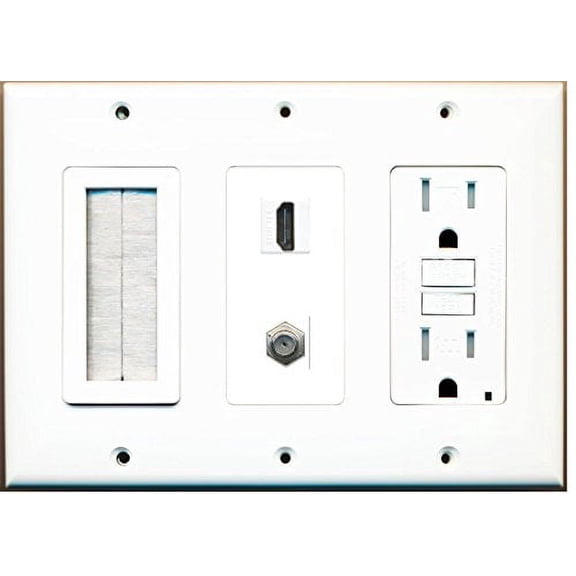RiteAV - (3 Gang 15A GFCI Outlet Mesh-Brush HDMI Coax Wall Plate White