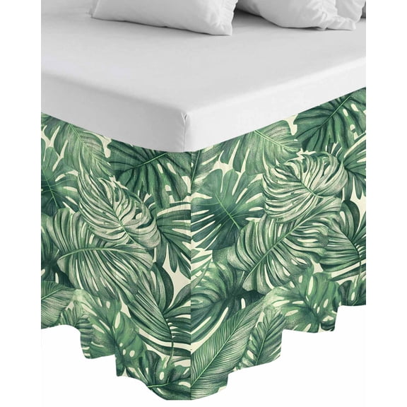 Tropical Leaves Wrap Around Bed Skirts for King Bed 18" Drop, Bed Skirt with Adjustable Elastic Belt Dust Ruffle Bed Valance for Bedroom Hotel Luxury Summer Nature Botanical Palm Leaf Bed Frame Cover