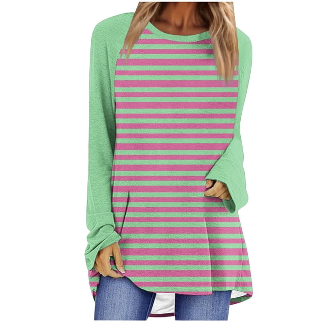 Chandail en Molleton Rayé Surdimensionné pour Femmes Manches Longues Raglan Col Rond Chandail-Over Automne 2024 Tunique Ample Hauts Tee-Shirts Manches Longues P-109 Rose Vif-A TG