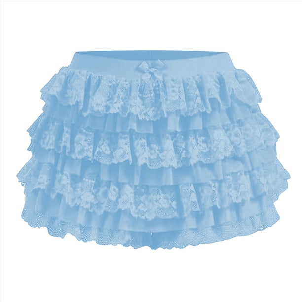 Pantalones Bombachos de Encaje Multicapa Y2K para Mujer, Pantalones Cortos con Volantes, Pantalones Cortos de Calabaza, Enaguas Dulces con Cintura Elástica. Azul XL