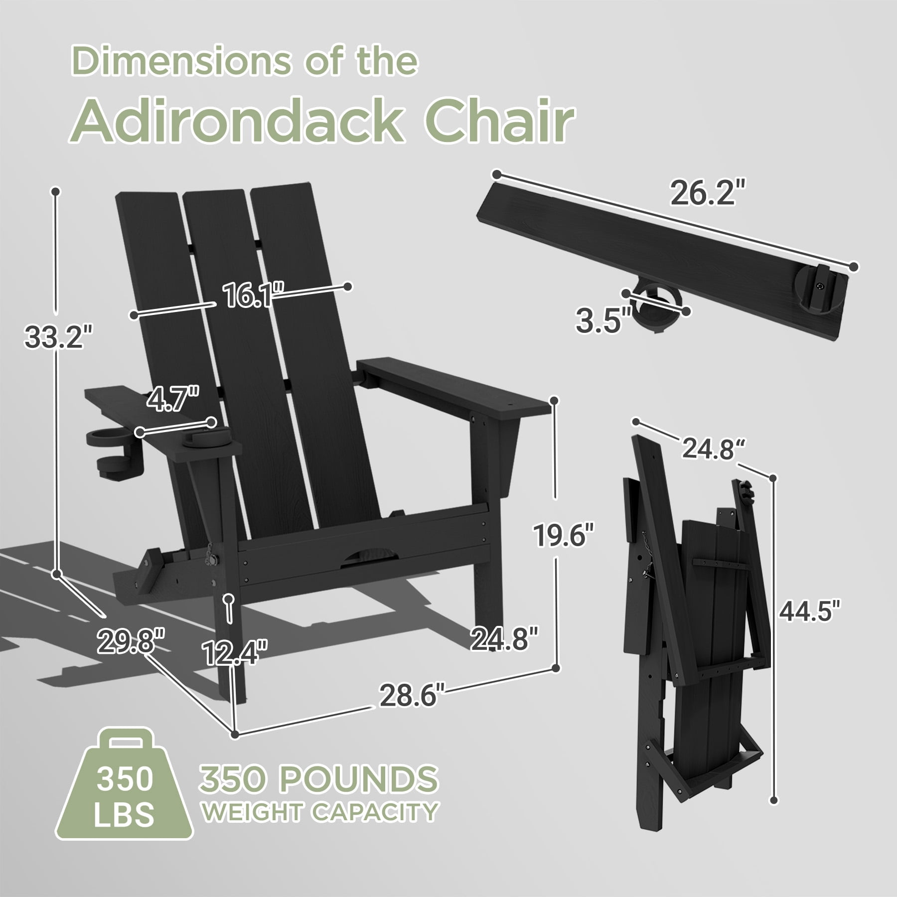 Tappio Folding Adirondack Chair All Weather HDPE Outdoor Patio Chairs with Detachable Multifunctional Holders and Cup Holders, Fire Pit Chairs for Yard Garden Poolside, Black