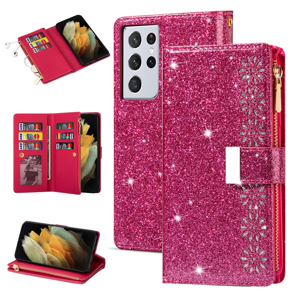 Dteck Galaxy S21 Ultra Wallet Case, Bling Sparkle Glitter PU Leather