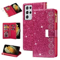 Dteck Galaxy S21 Ultra Wallet Case, Bling Sparkle Glitter PU Leather Magnetic Flip Case with Credit Card Slots/Hand Strap for Samsung Galaxy S21 Ultra, Rose