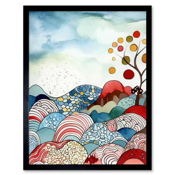 Abstract Tree On Sea And Landscape Folk Art Art Print Framed Poster Wall Decor 12x16 inch